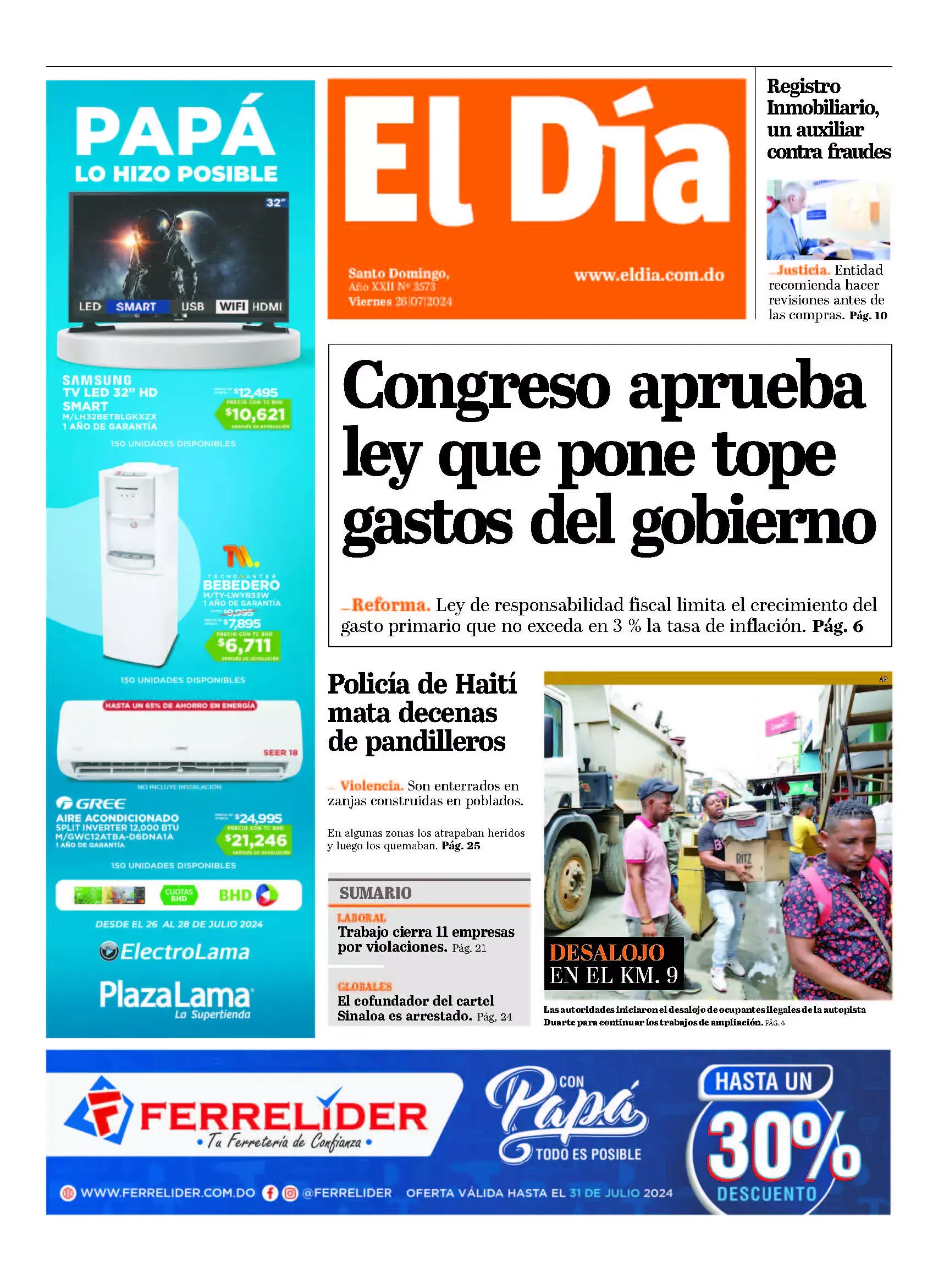 Portada Periódico El Día, Viernes 26 Julio, 2024