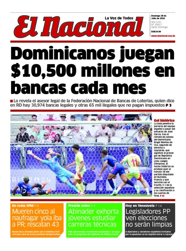 Portada Periódico El Nacional, Domingo 28 Julio, 2024