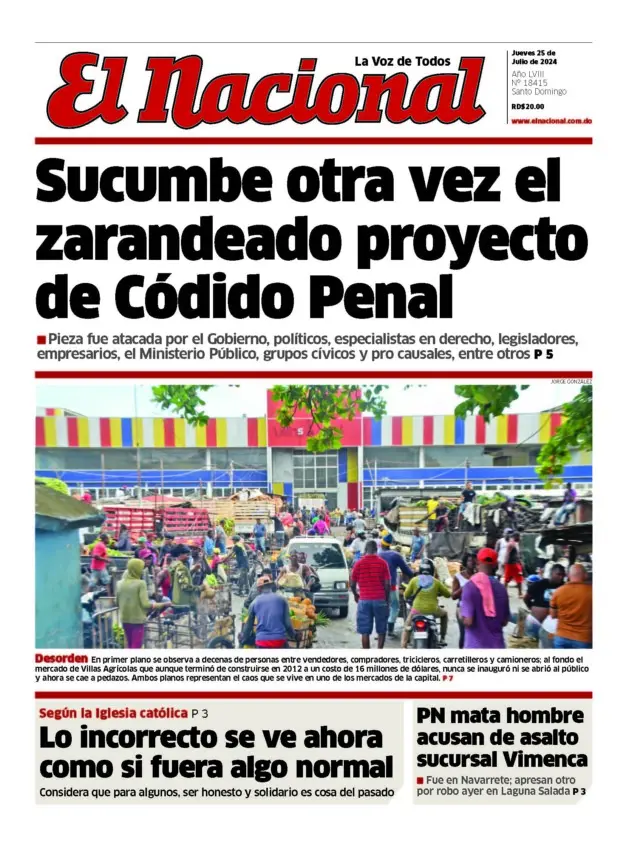 Portada Periódico El Nacional, Jueves 25 Julio, 2024