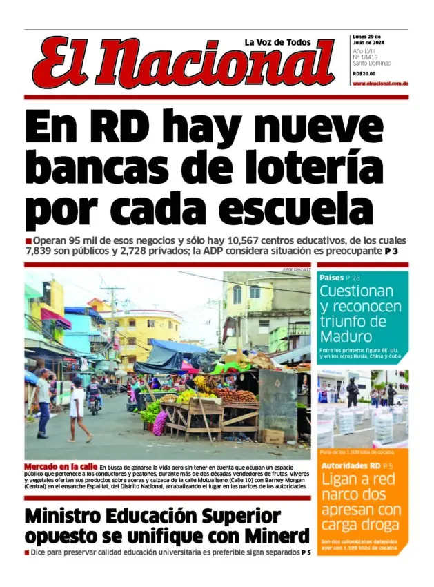 Portada Periódico El Nacional, Lunes 29 Julio, 2024