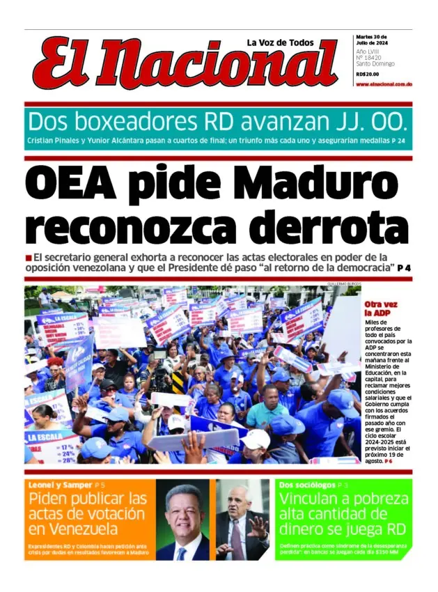 Portada Periódico El Nacional, Martes 30 Julio, 2024