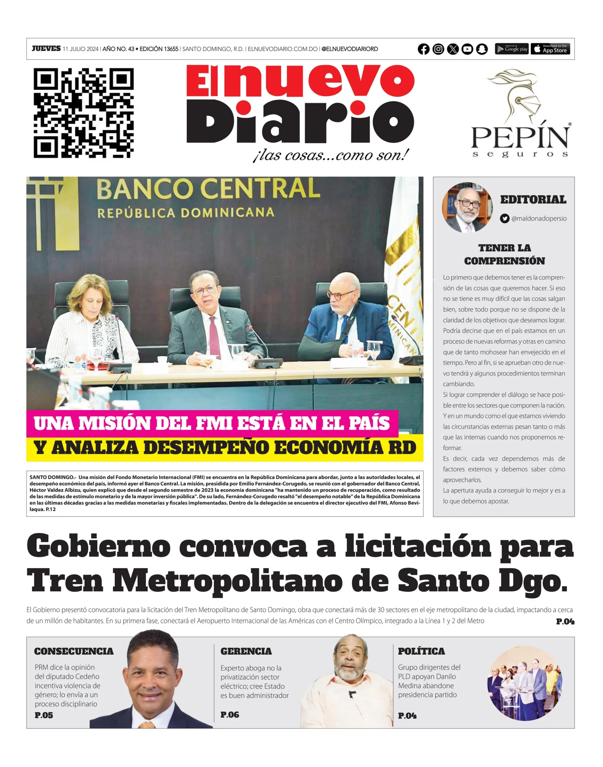 Portada Periódico El Nuevo Diario, Jueves 11 Julio, 2024