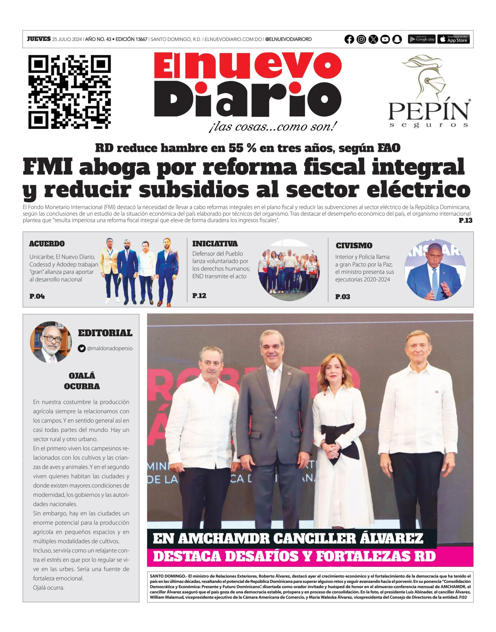 Portada Periódico El Nuevo Diario, Jueves 25 Julio, 2024