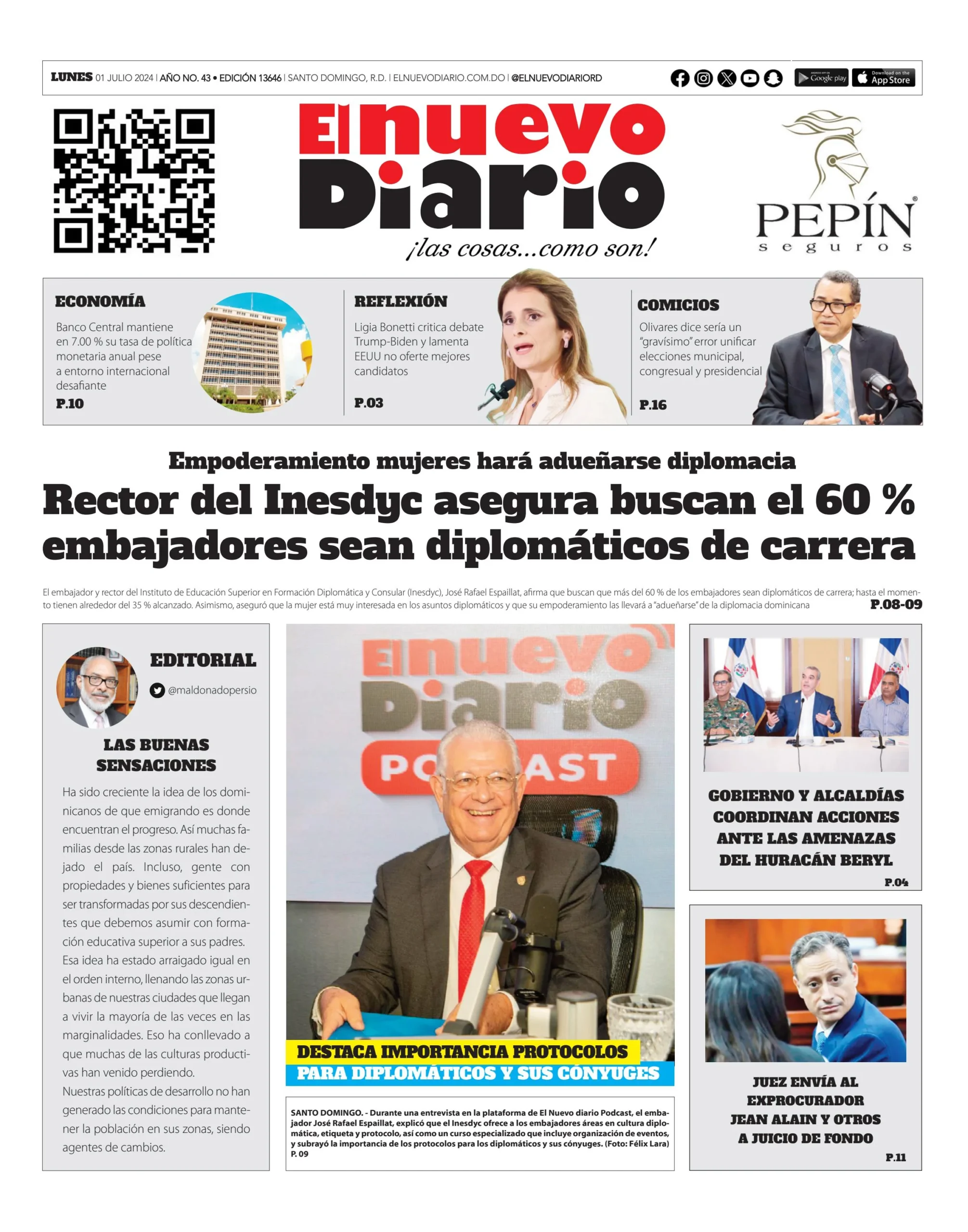 Portada Periódico El Nuevo Diario, Lunes 01 Julio, 2024