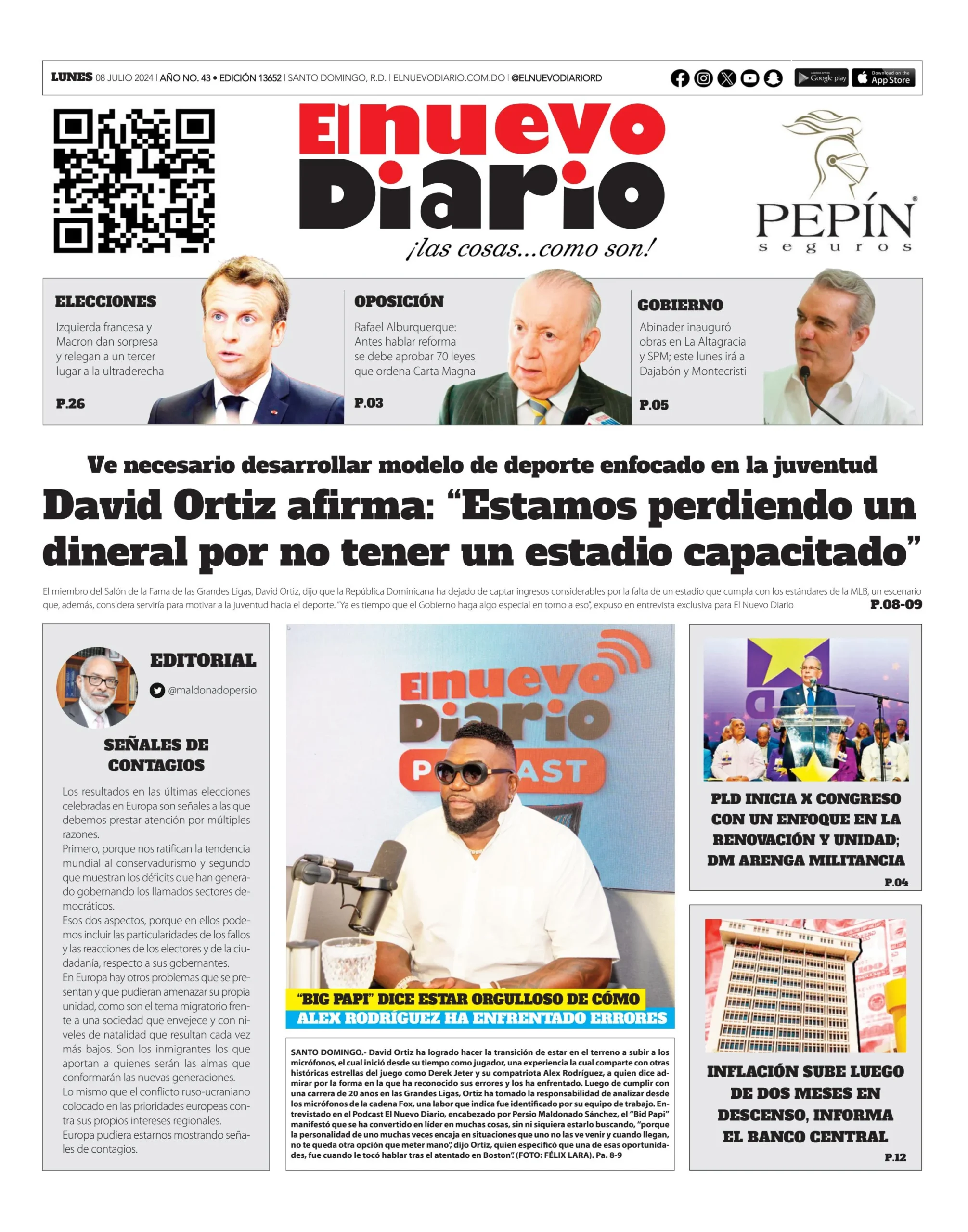 Portada Periódico El Nuevo Diario, Lunes 08 Julio, 2024