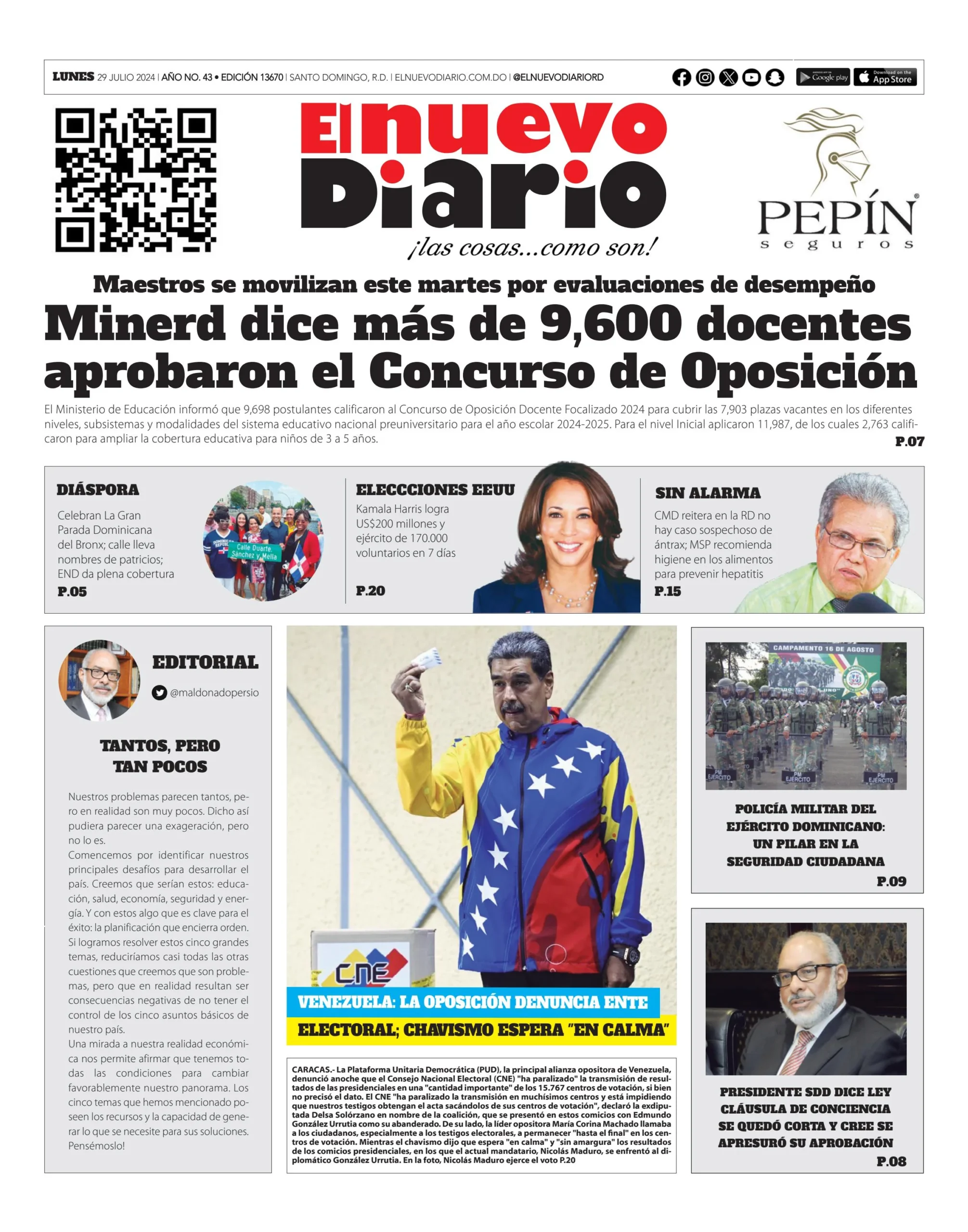 Portada Periódico El Nuevo Diario, Lunes 29 Julio, 2024