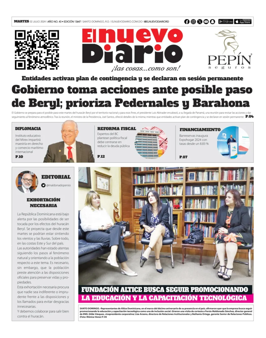 Portada Periódico El Nuevo Diario, Martes 02 Julio, 2024