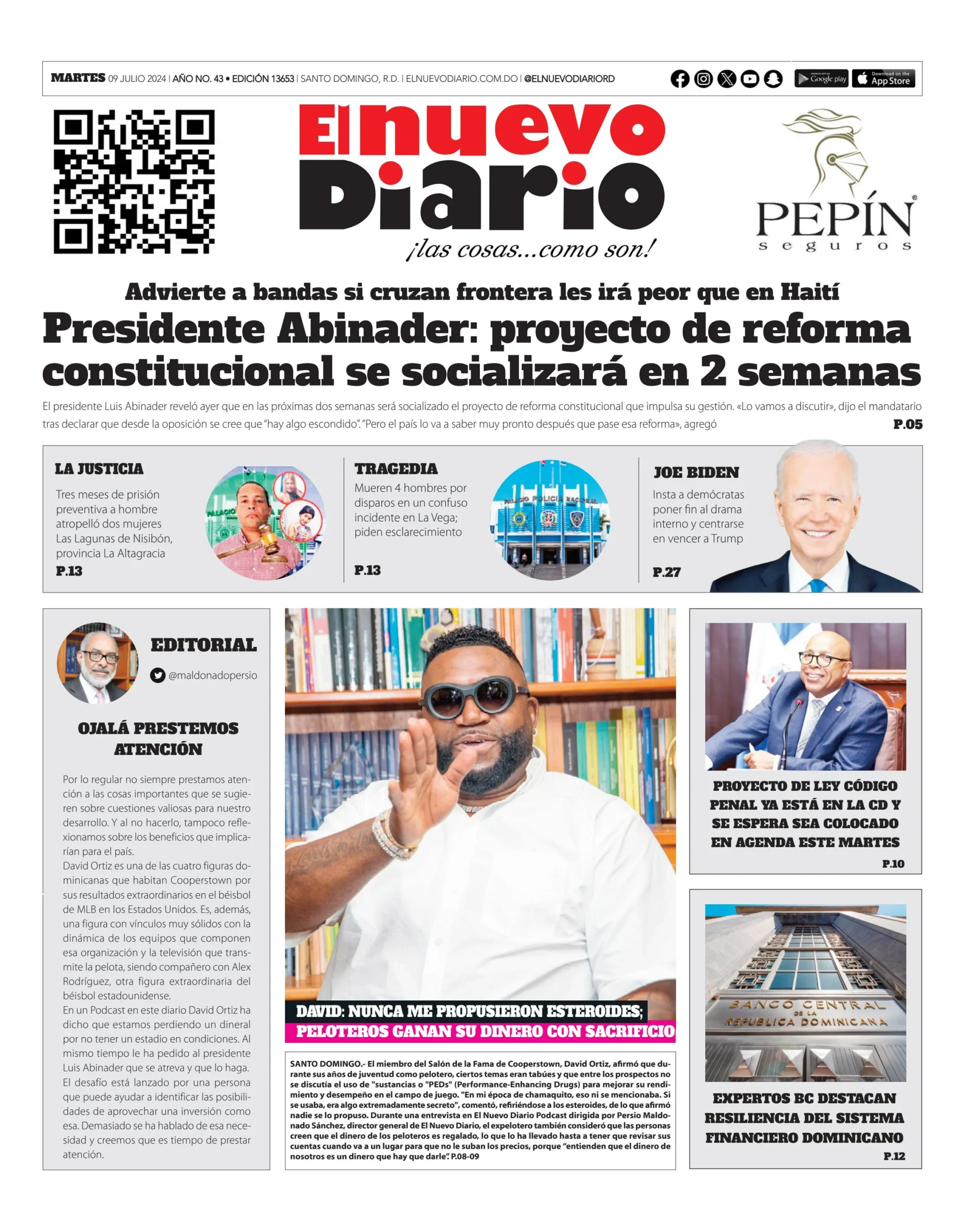 Portada Periódico El Nuevo Diario, Martes 09 Julio, 2024