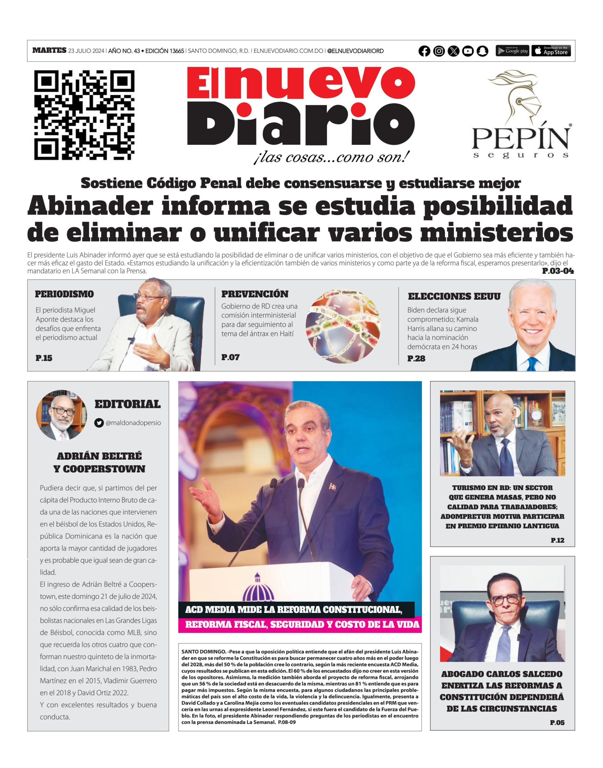 Portada Periódico El Nuevo Diario, Martes 23 Julio, 2024