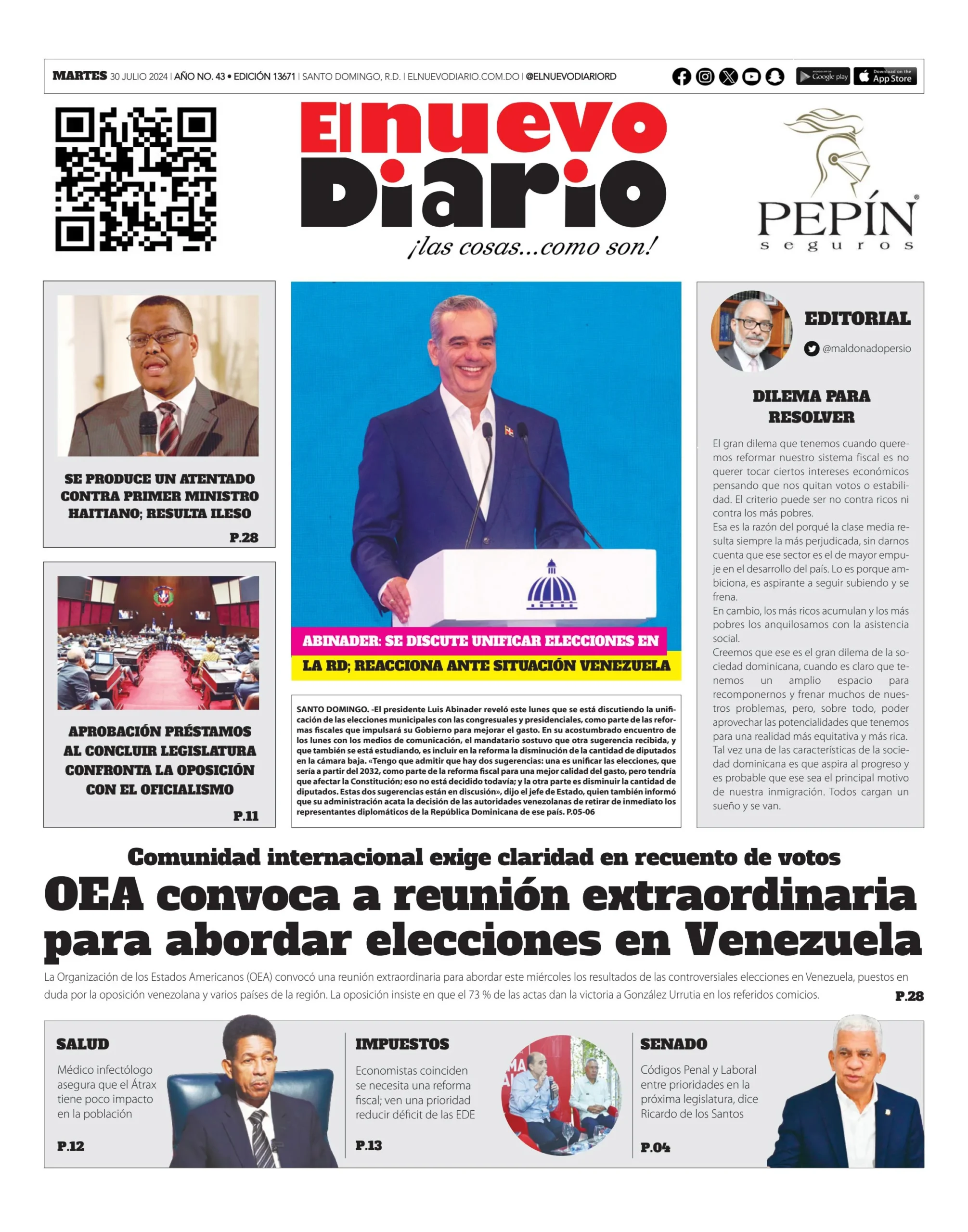 Portada Periódico El Nuevo Diario, Martes 30 Julio, 2024