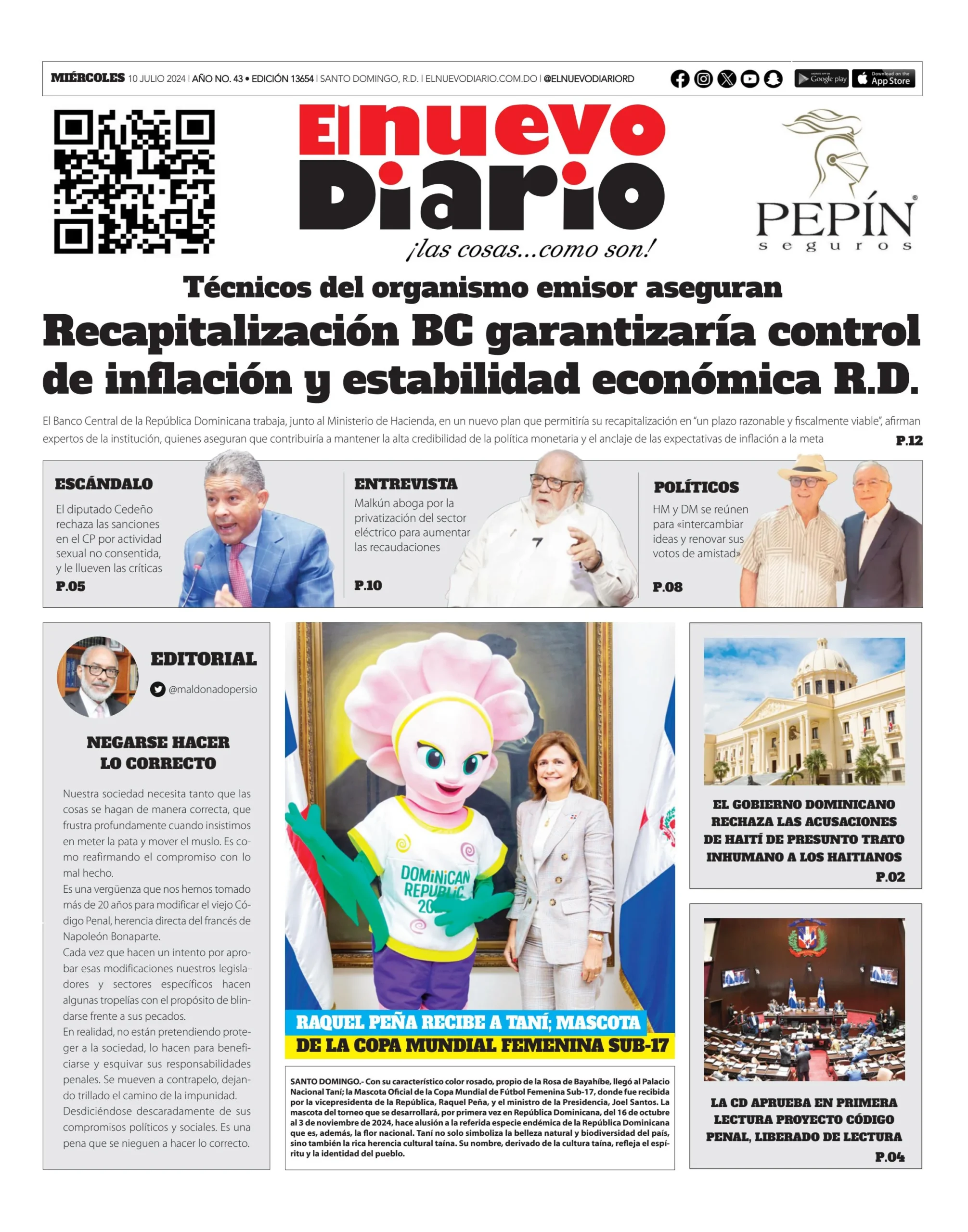 Portada Periódico El Nuevo Diario, Miércoles 10 Julio, 2024