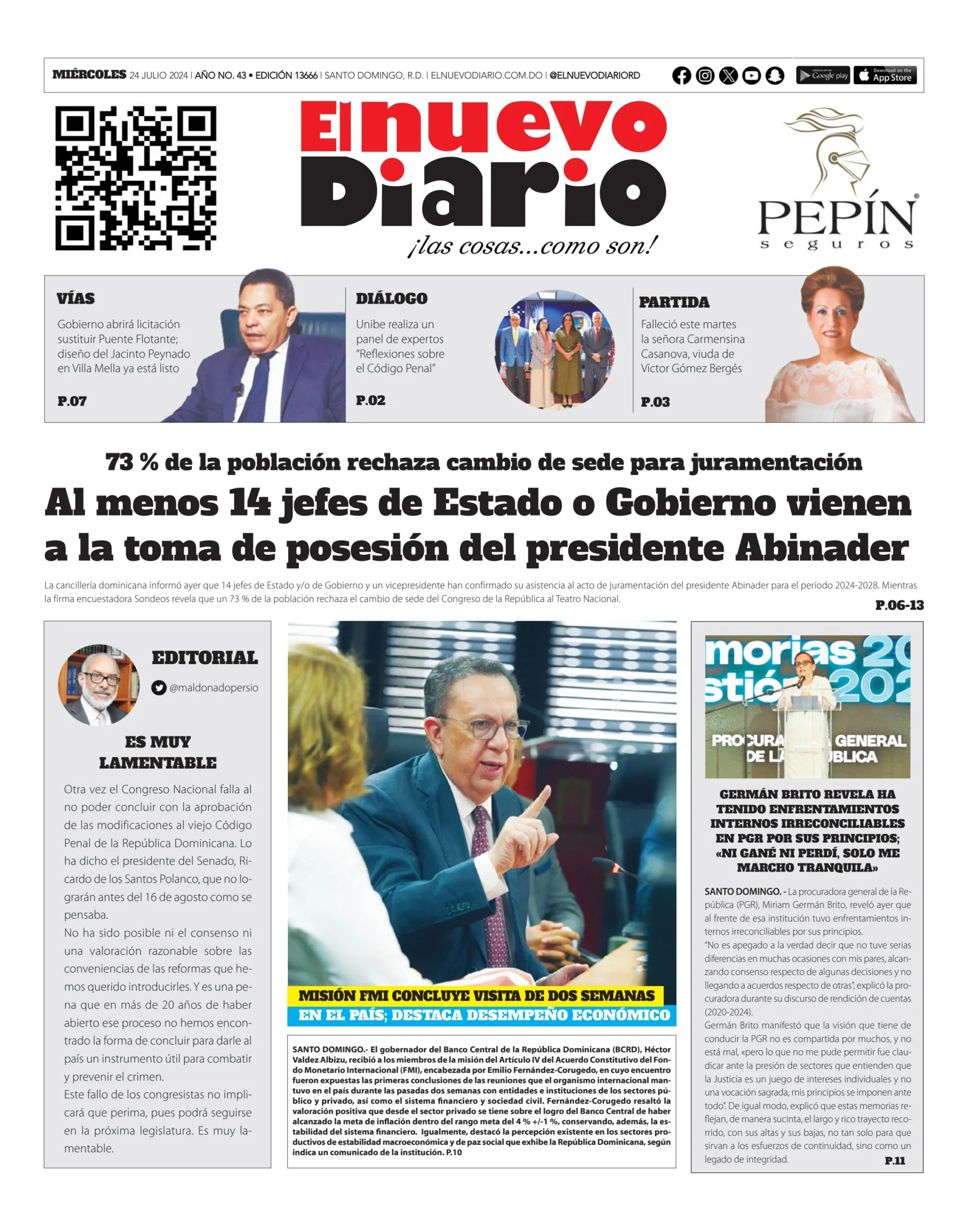 Portada Periódico El Nuevo Diario, Miércoles 24 Julio, 2024