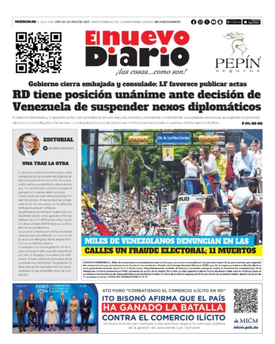 Portada Periódico El Nuevo Diario, Miércoles 31 Julio, 2024