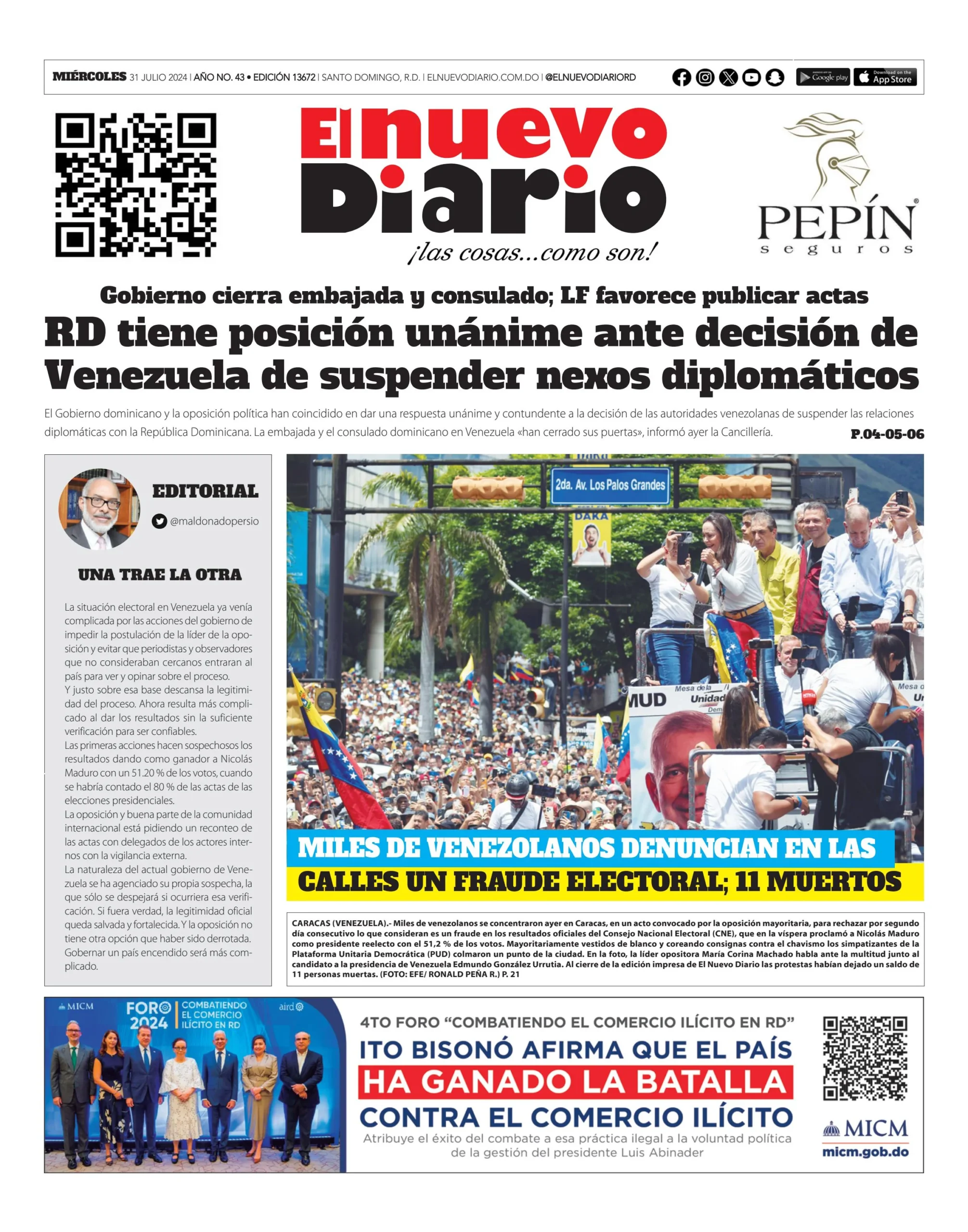 Portada Periódico El Nuevo Diario, Miércoles 31 Julio, 2024