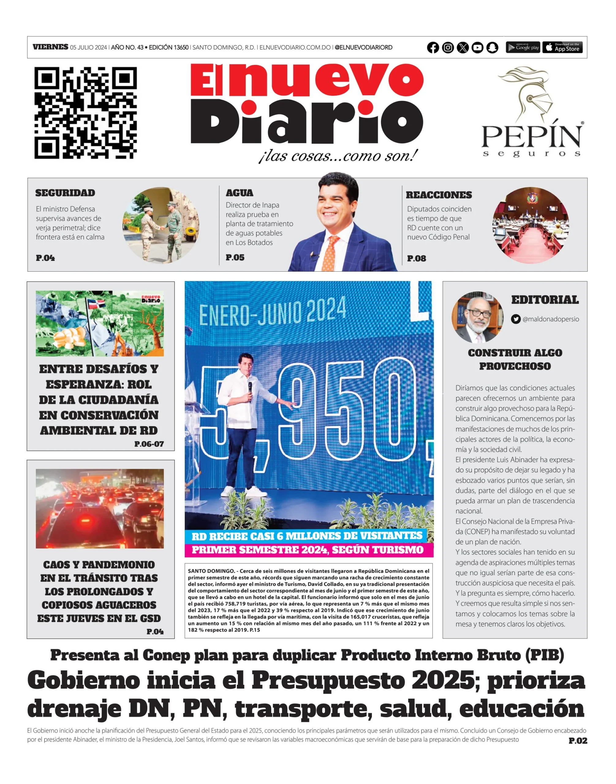 Portada Periódico El Nuevo Diario, Viernes 05 Julio, 2024