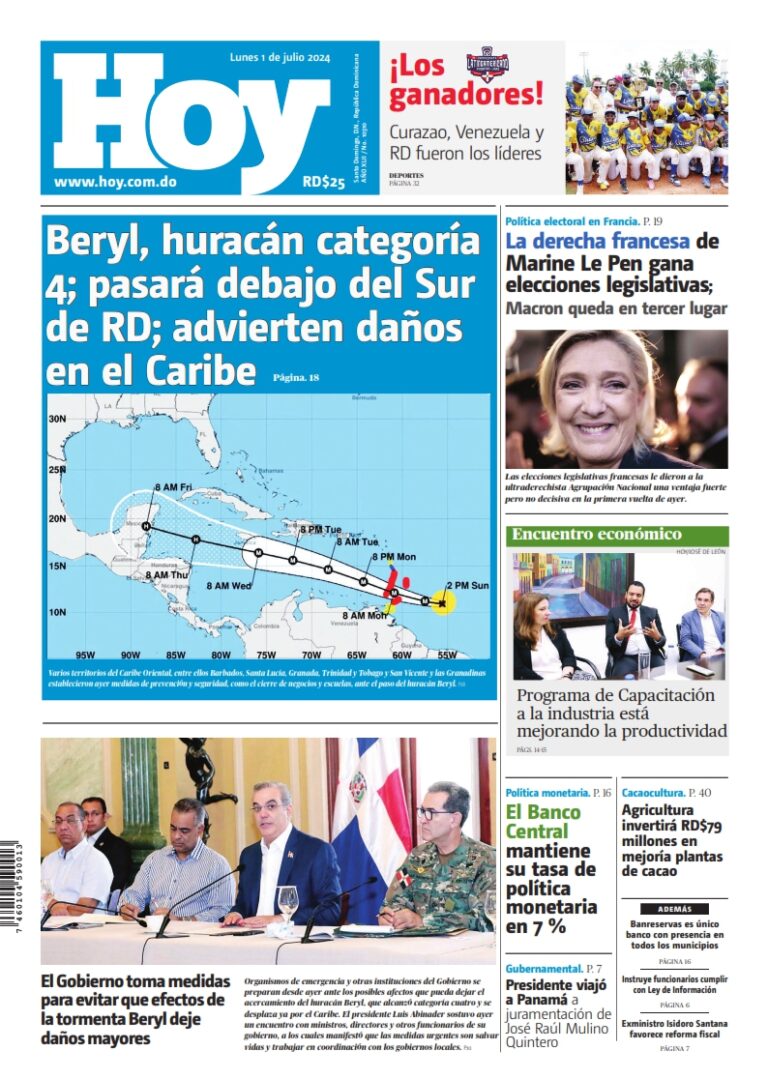 Portada Periódico Hoy, Lunes 01 Julio, 2024 - Dominicana.do