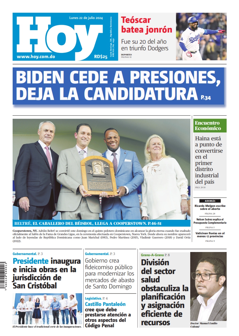 Portada Periódico Hoy, Lunes 22 Julio, 2024