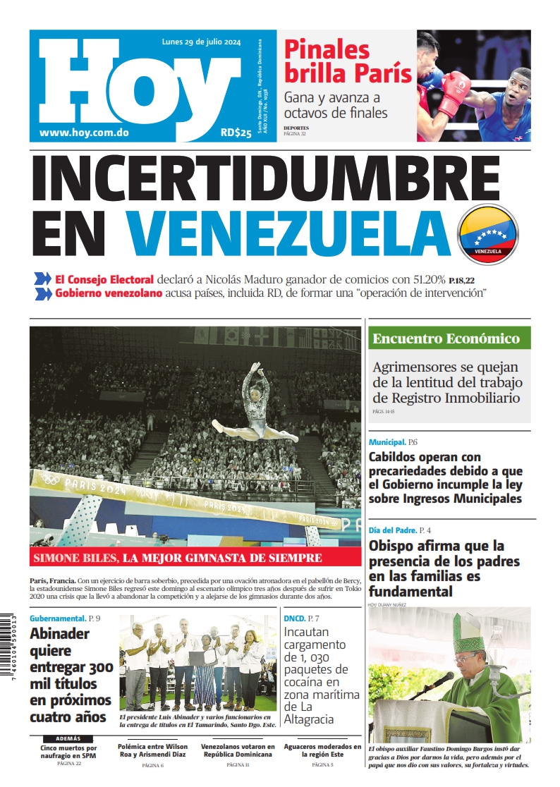 Portada Periódico Hoy, Lunes 29 Julio, 2024