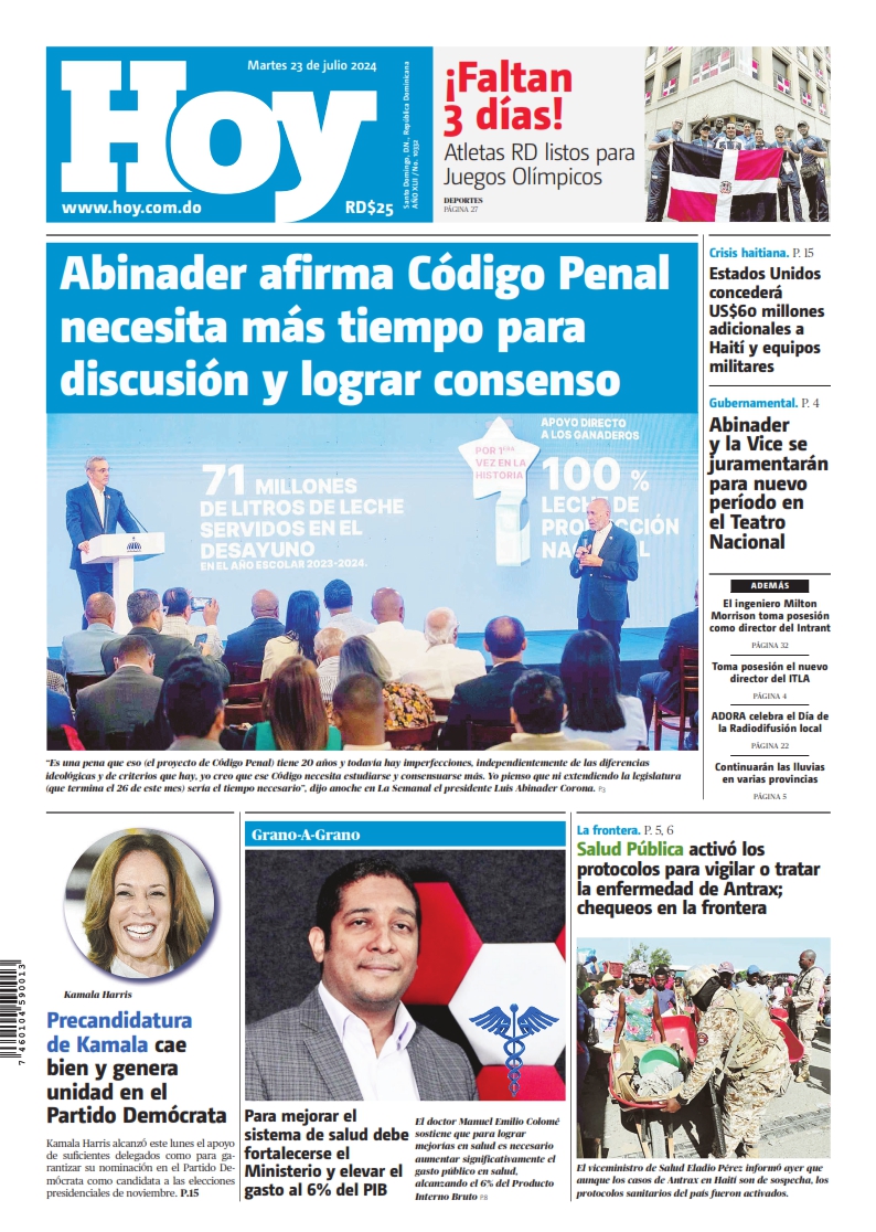 Portada Periódico Hoy, Martes 23 Julio, 2024