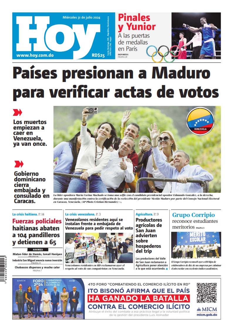 Portada Periódico Hoy, Miércoles 31 Julio, 2024