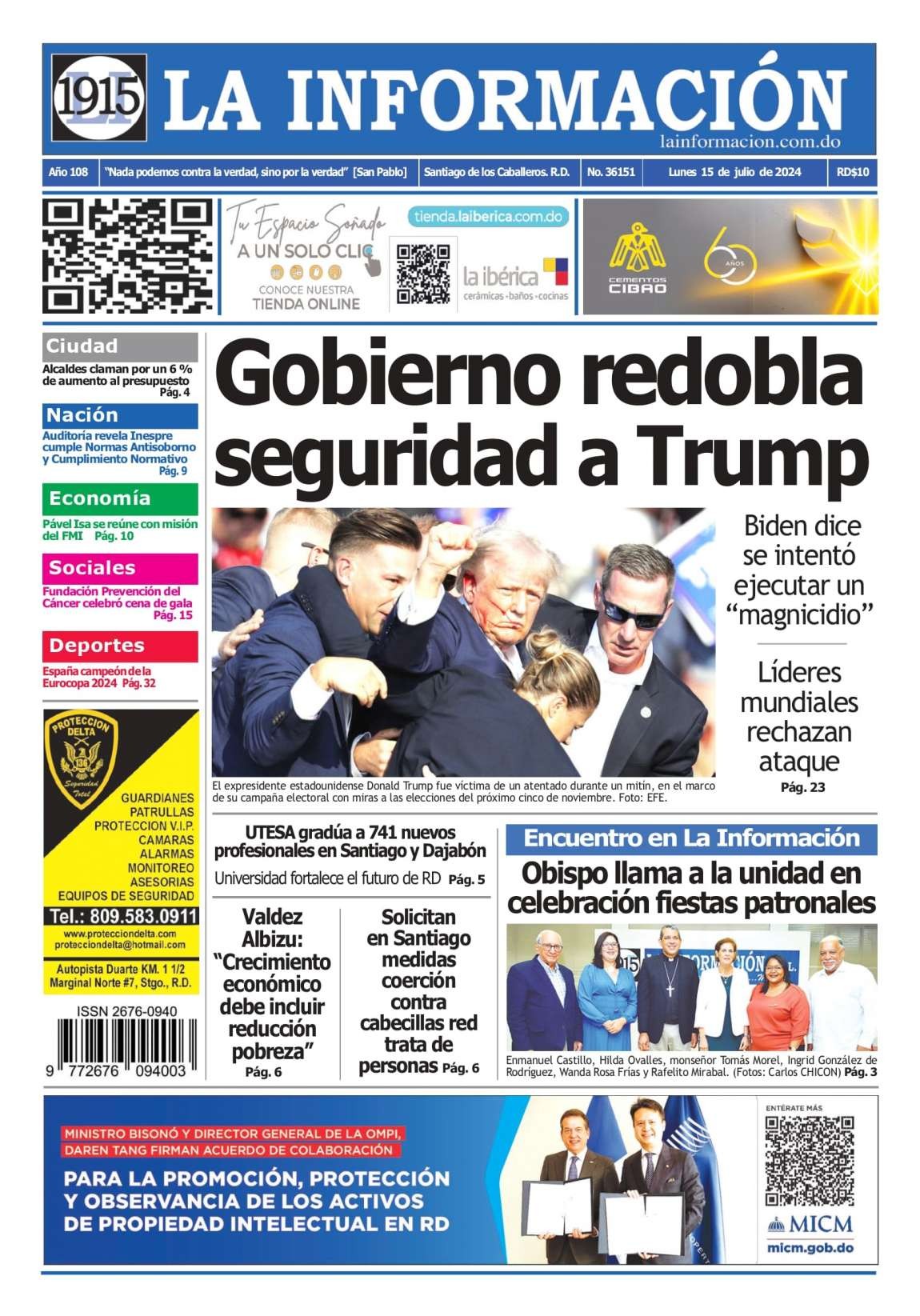 Portada Periódico La Información, Lunes 15 Julio, 2024