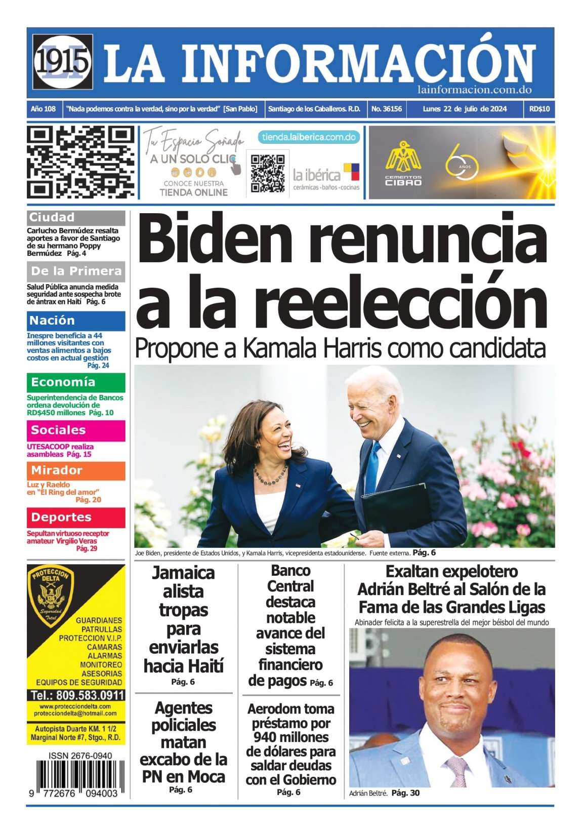 Portada Periódico La Información, Lunes 22 Julio, 2024