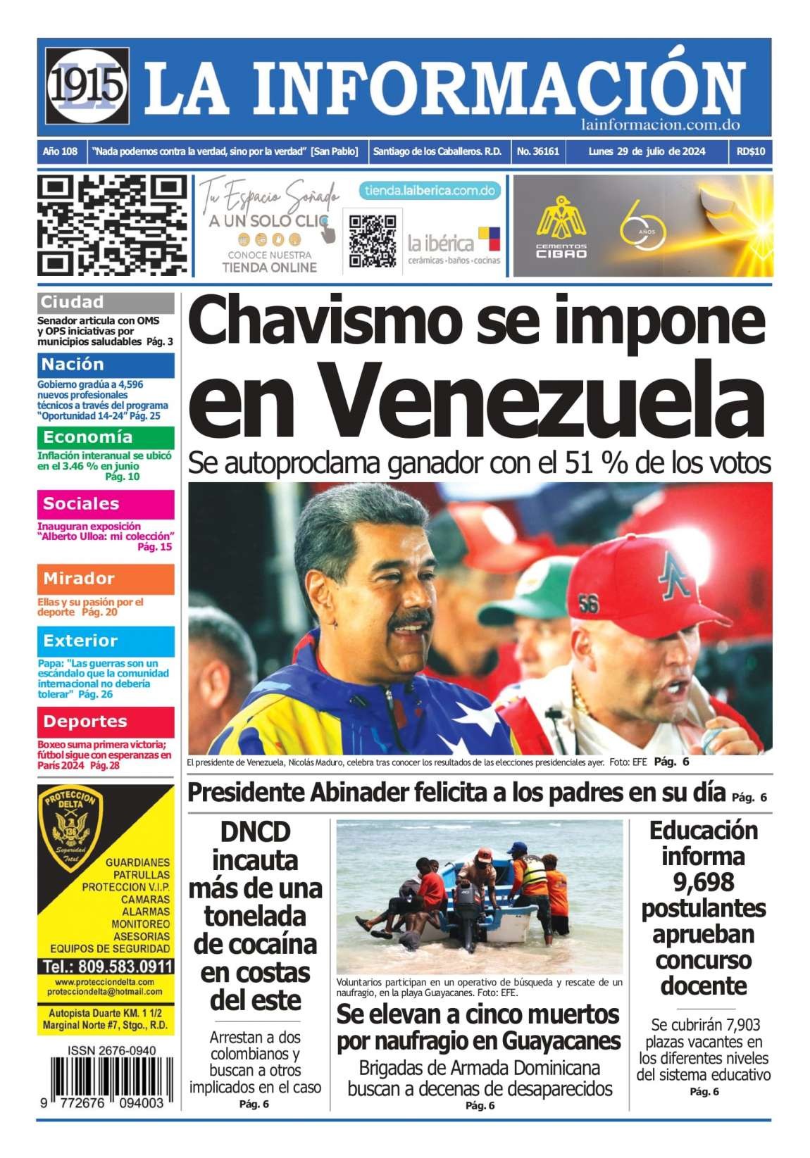 Portada Periódico La Información, Lunes 29 Julio, 2024