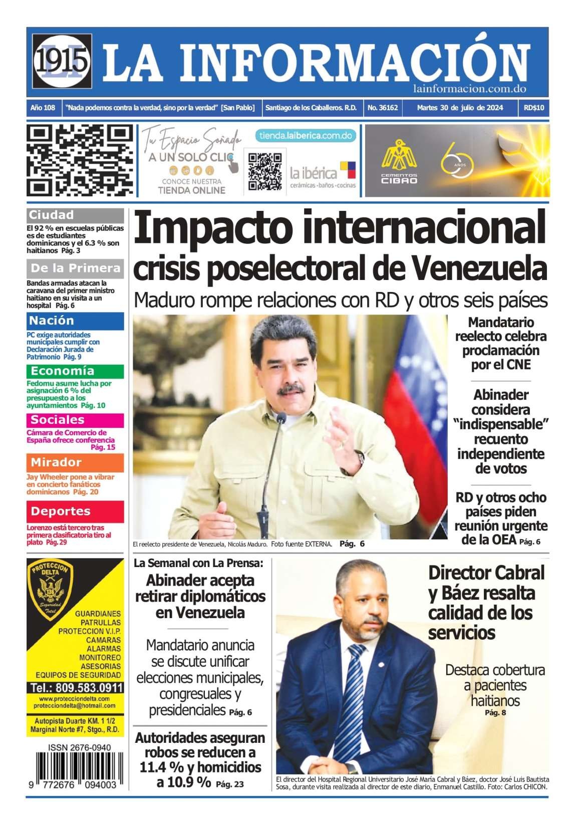 Portada Periódico La Información, Martes 30 Julio, 2024