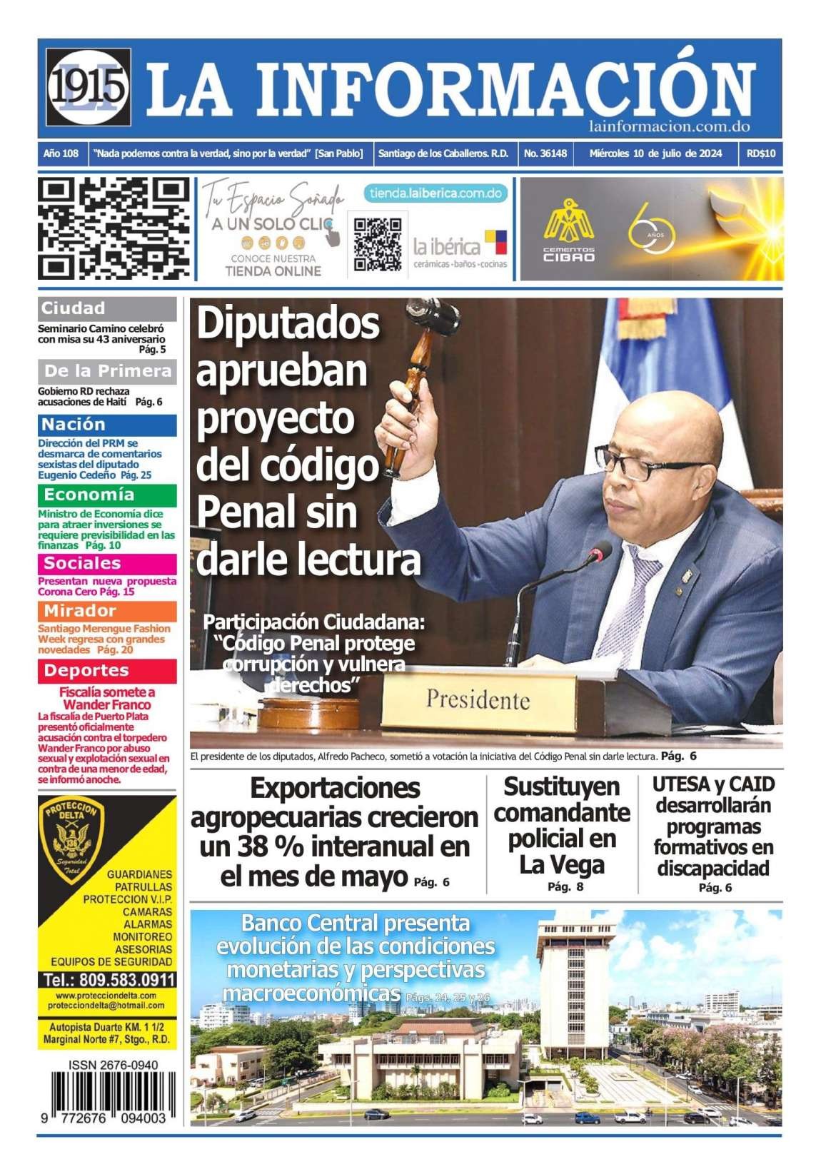 Portada Periódico La Información, Miércoles 10 Julio, 2024