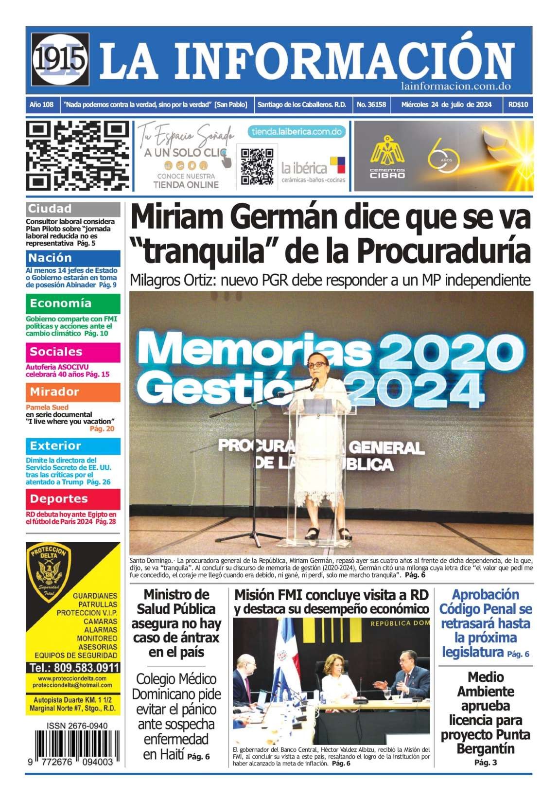 Portada Periódico La Información, Miércoles 24 Julio, 2024