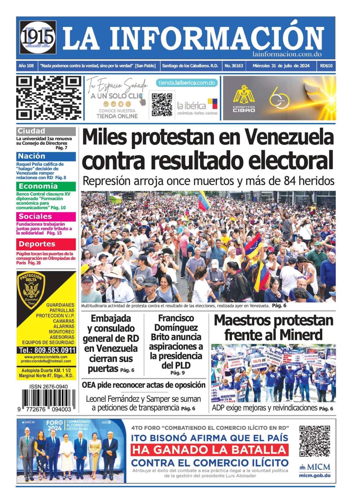 Portada Periódico La Información, Miércoles 31 Julio, 2024