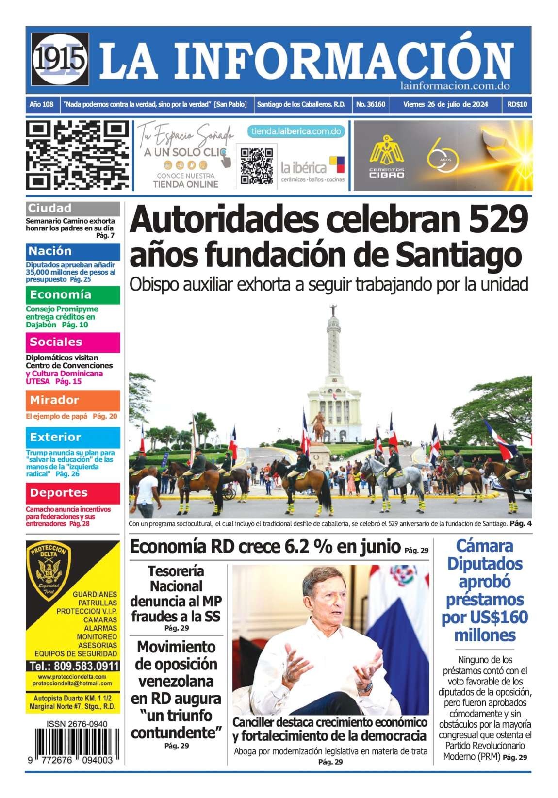 Portada Periódico La Información, Viernes 26 Julio, 2024