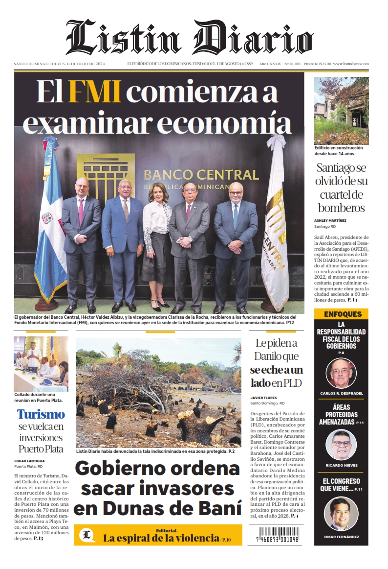 Portada Periódico Listín Diario, Jueves 11 Julio, 2024