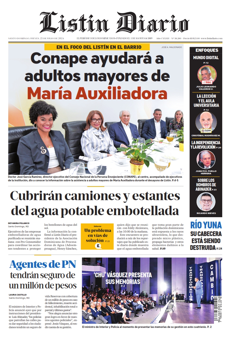 Portada Periódico Listín Diario, Jueves 25 Julio, 2024