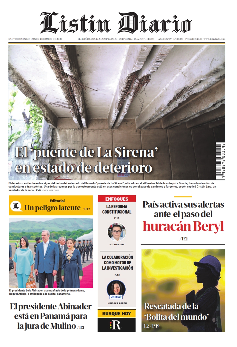 Portada Periódico Listín Diario, Lunes 01 Julio, 2024