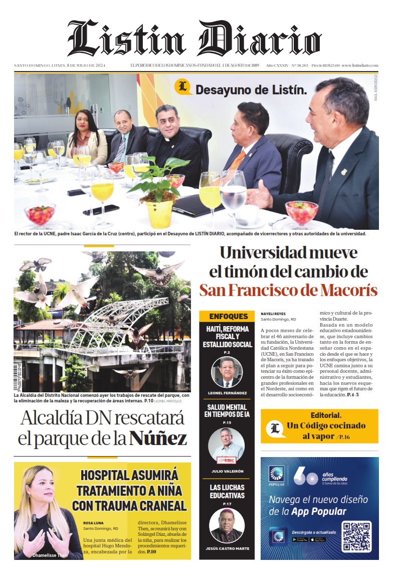 Portada Periódico Listín Diario, Lunes 08 Julio, 2024