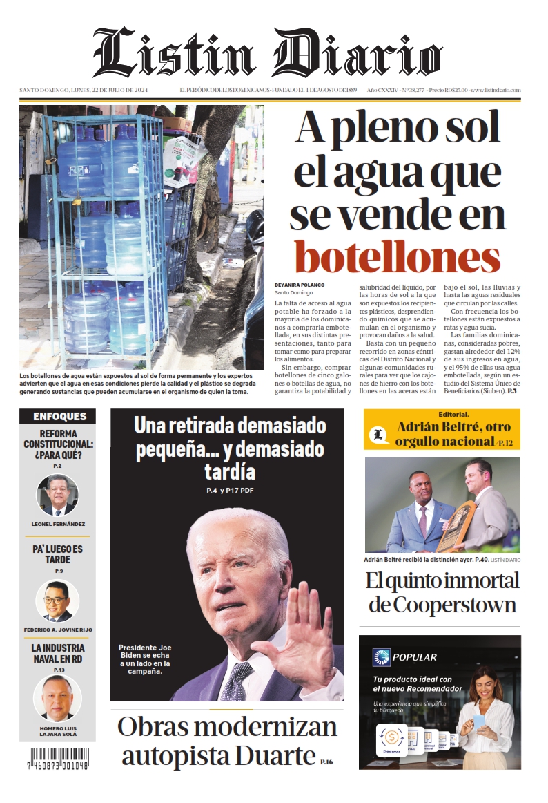 Portada Periódico Listín Diario, Lunes 22 Julio, 2024