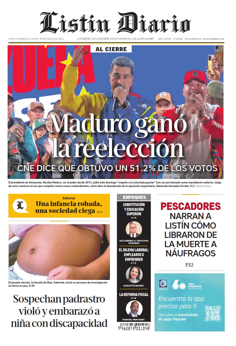 Portada Periódico Listín Diario, Lunes 29 Julio, 2024