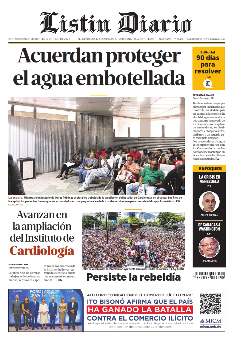 Portada Periódico Listín Diario, Miércoles 31 Julio, 2024