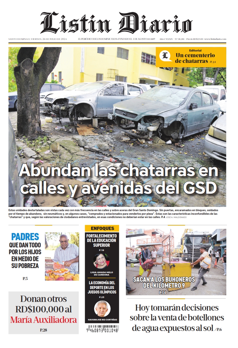 Portada Periódico Listín Diario, Viernes 26 Julio, 2024