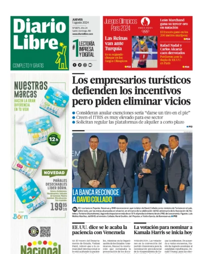 Portada Periódico Diario Libre, Jueves 01 Agosto, 2024