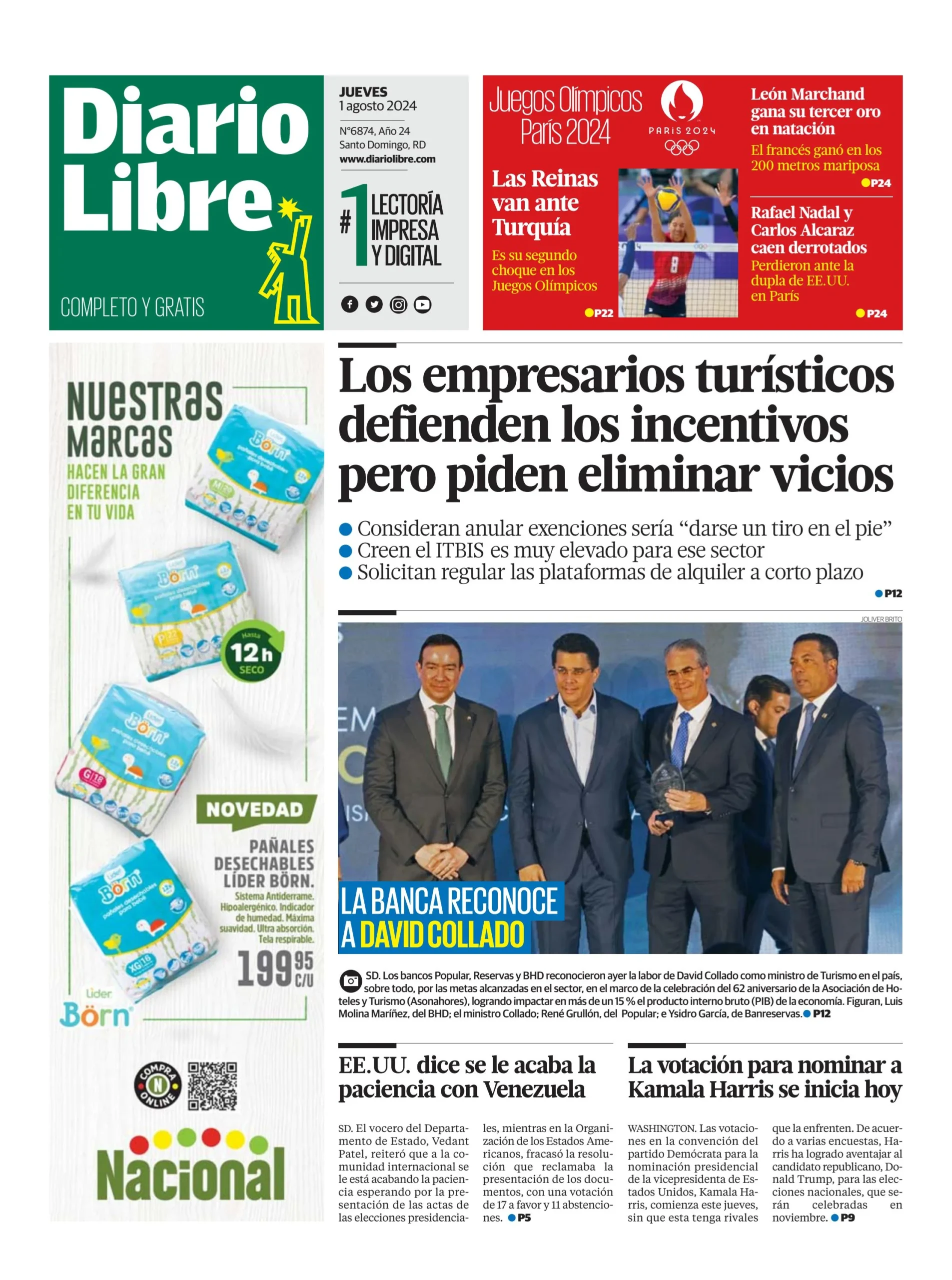 Portada Periódico Diario Libre, Jueves 01 Agosto, 2024