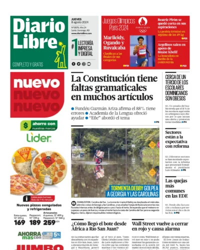 Portada Periódico Diario Libre, Jueves 08 Agosto, 2024