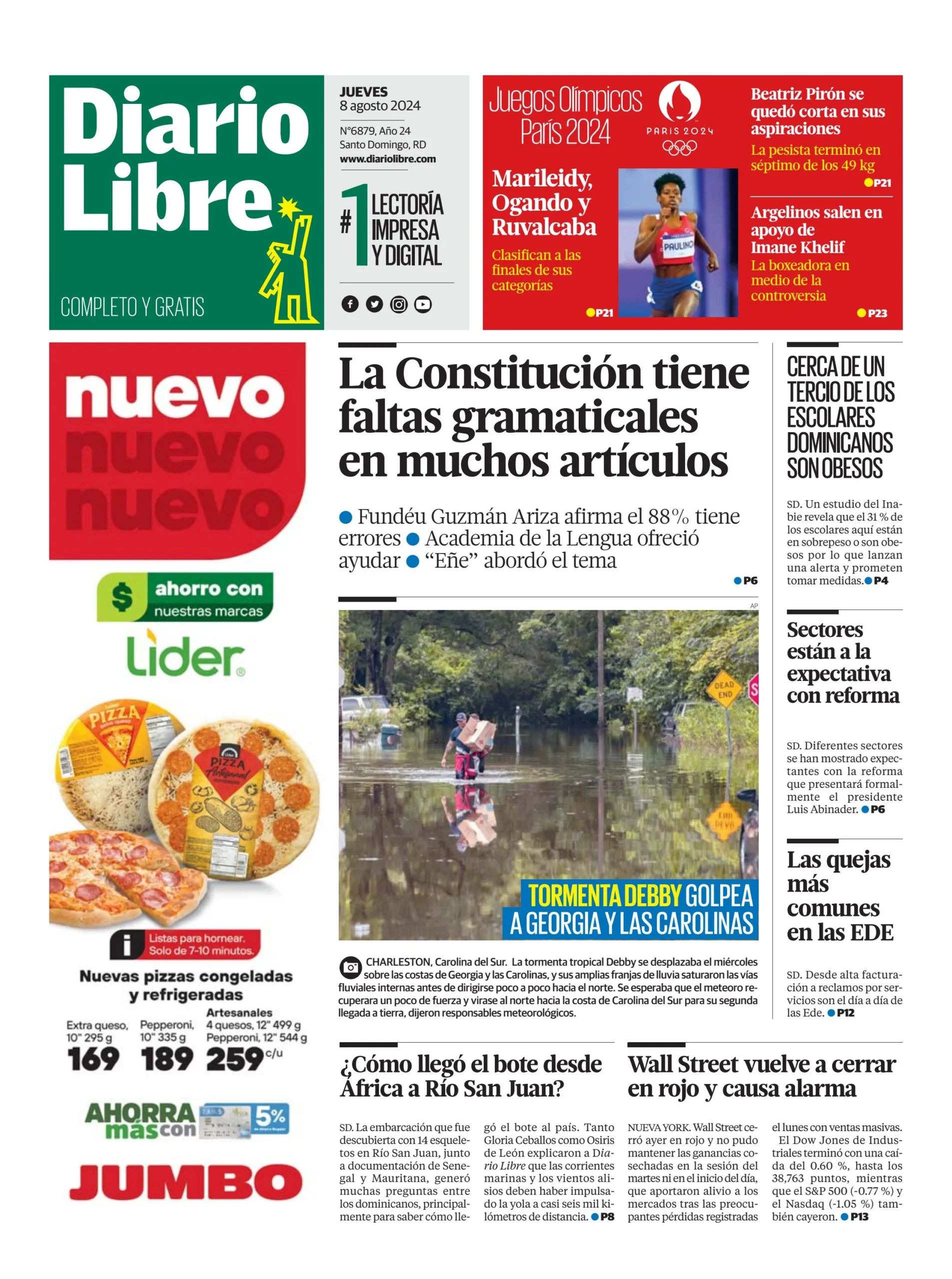 Portada Periódico Diario Libre, Jueves 08 Agosto, 2024