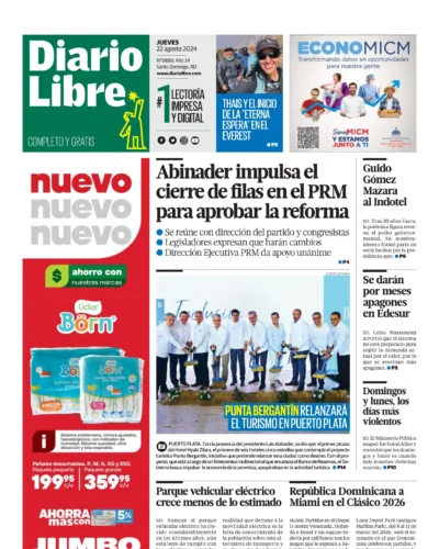 Portada Periódico Diario Libre, Jueves 22 Agosto, 2024