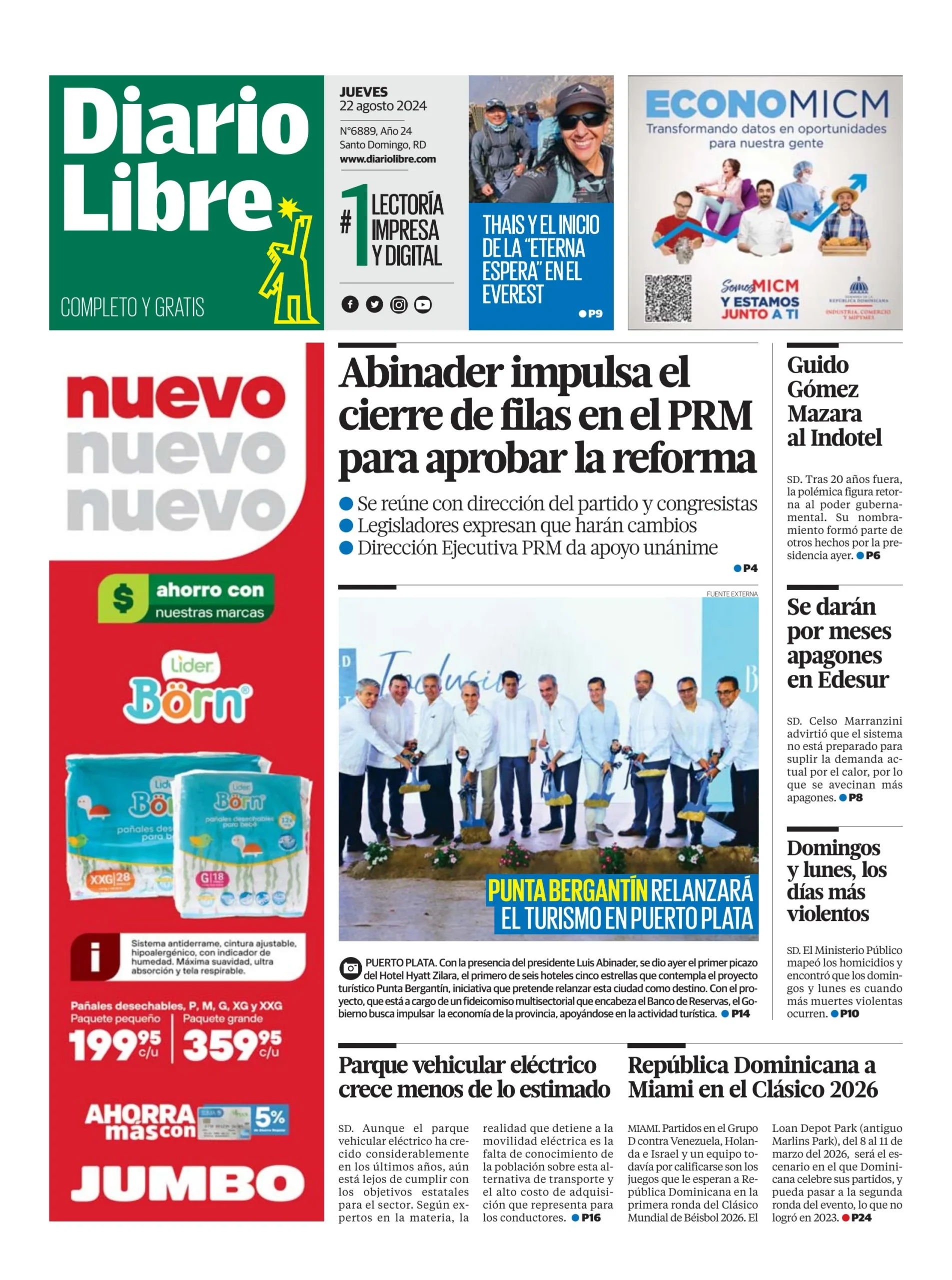 Portada Periódico Diario Libre, Jueves 22 Agosto, 2024