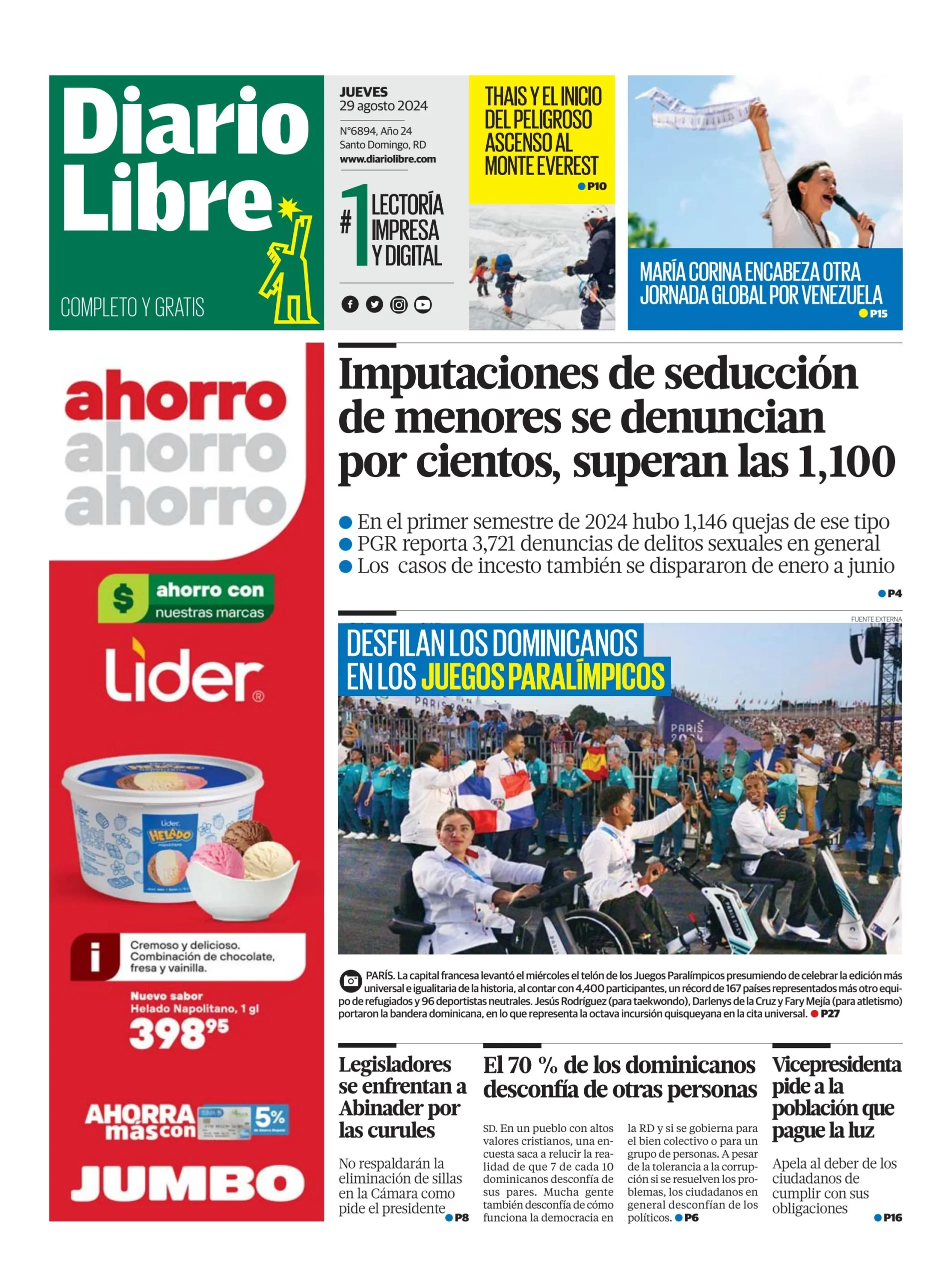 Portada Periódico Diario Libre, Jueves 29 Agosto, 2024