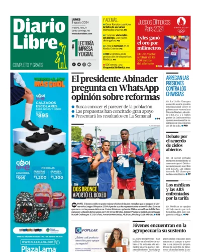 Portada Periódico Diario Libre, Lunes 05 Agosto, 2024