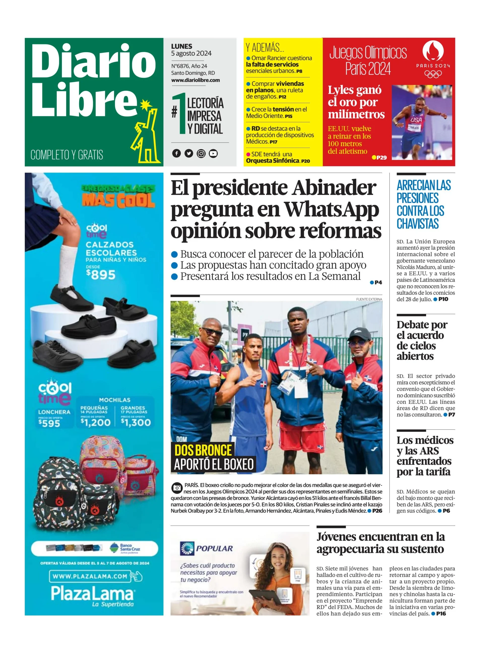 Portada Periódico Diario Libre, Lunes 05 Agosto, 2024