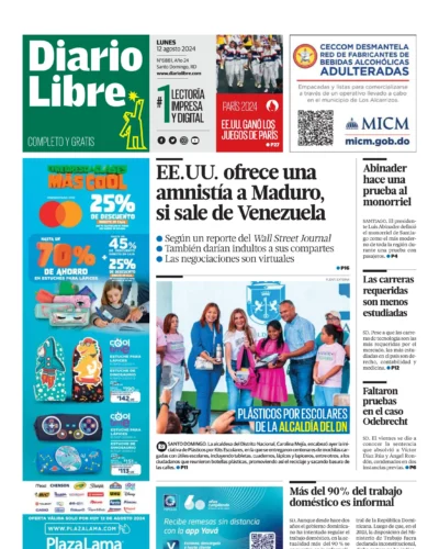 Portada Periódico Diario Libre, Lunes 12 Agosto, 2024